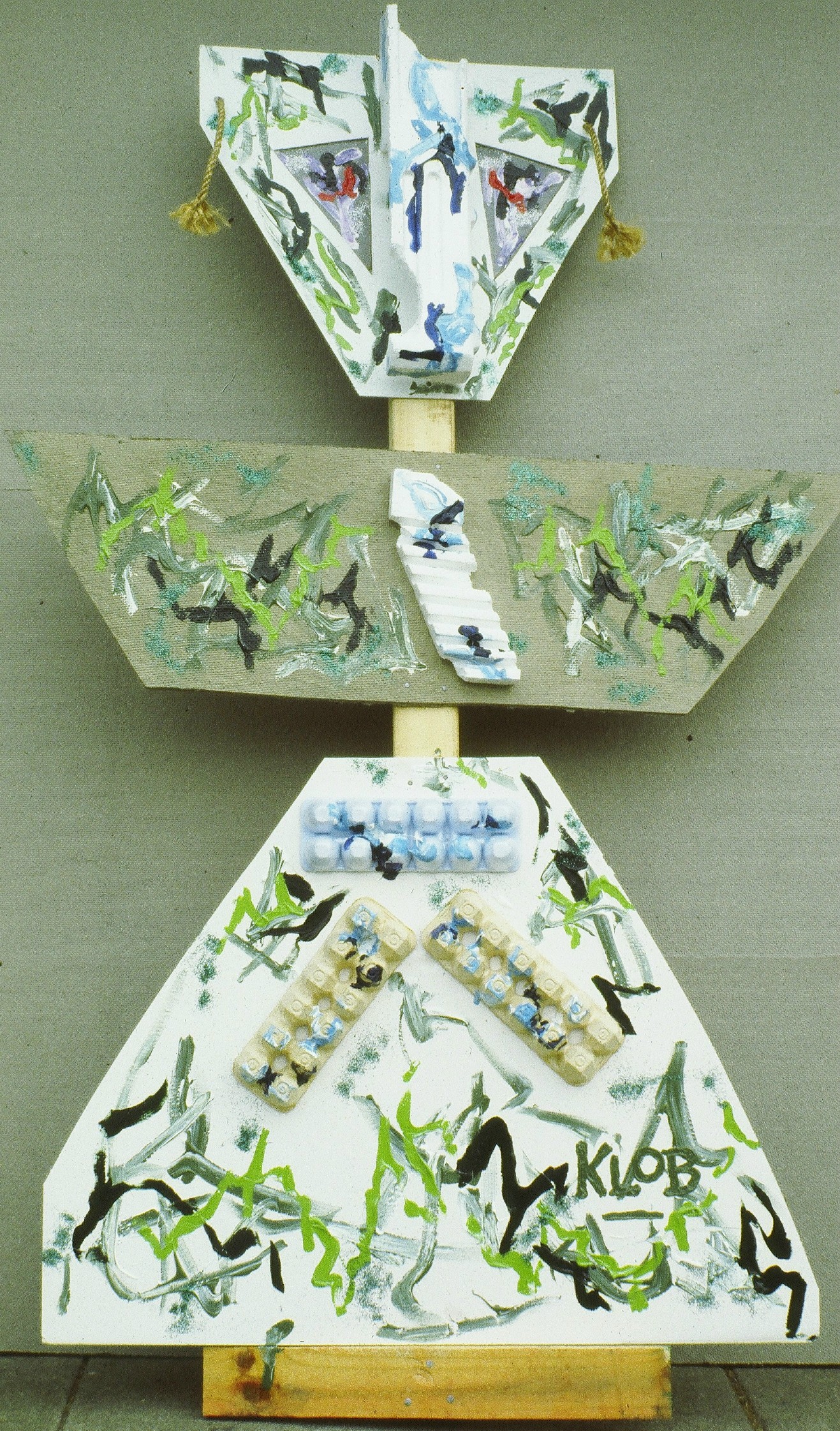 1979; acrylic, wood, homosote, canvas board, styrofoam, rope, egg cartons, wax paper; 6 ft 3 in X 36 in